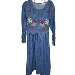 Vtg 90s JANE ASHLEY Medium Denim Maxi Dress Vest Embroidery Cottage Modest‎ Fall